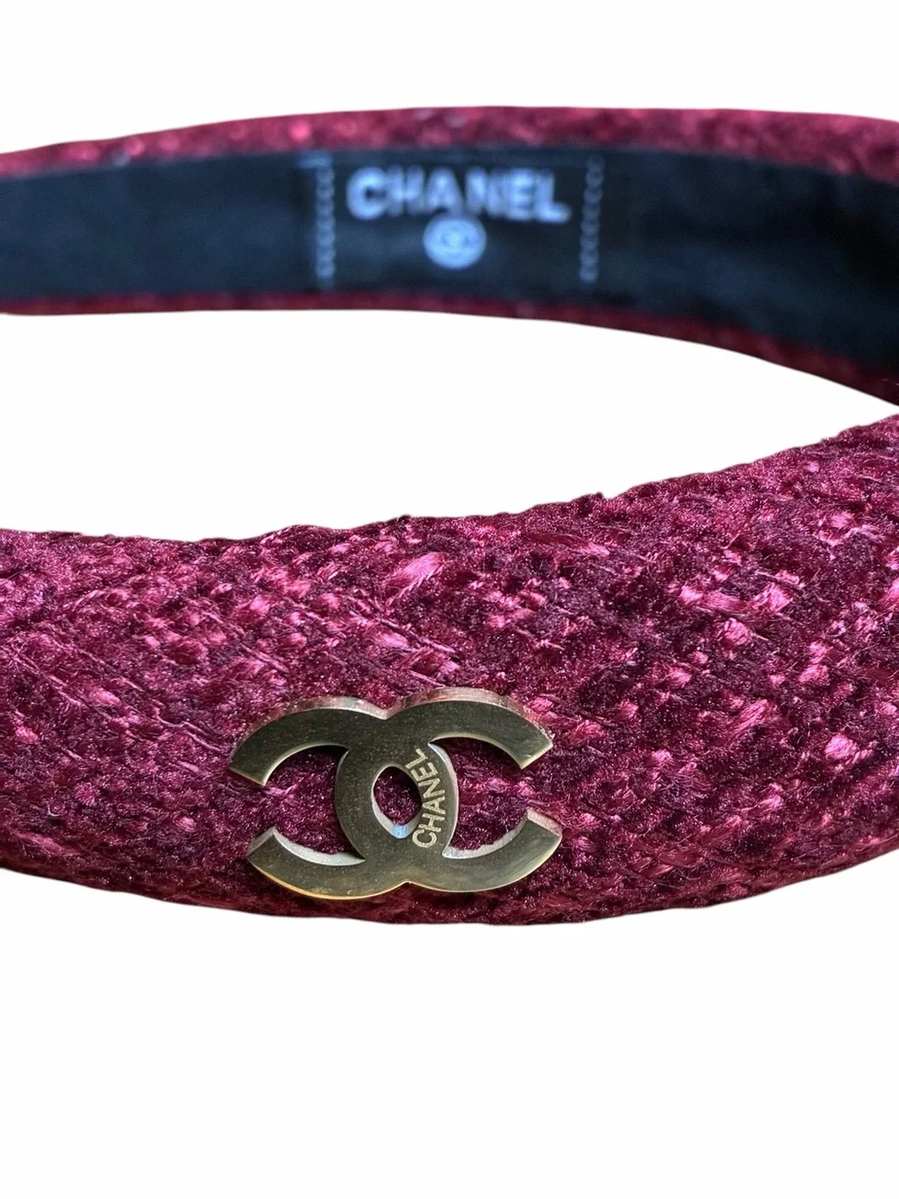 ChaneI. Burgundy Tweed Headband with Gold-Tone Logo Embellished CC Accent